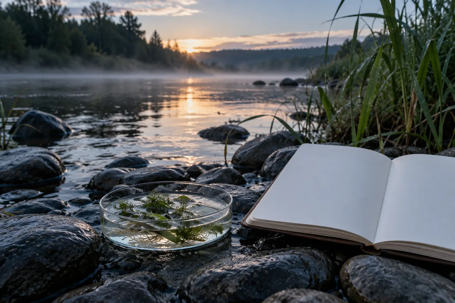 Полевая запись и водное растение у тихого берега